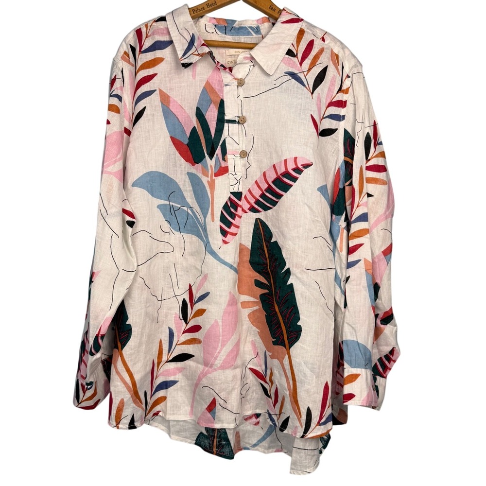 Cynthia Rowley 100% Linen Tropical Leaf Print Tunic Top Womens 3X White Pink